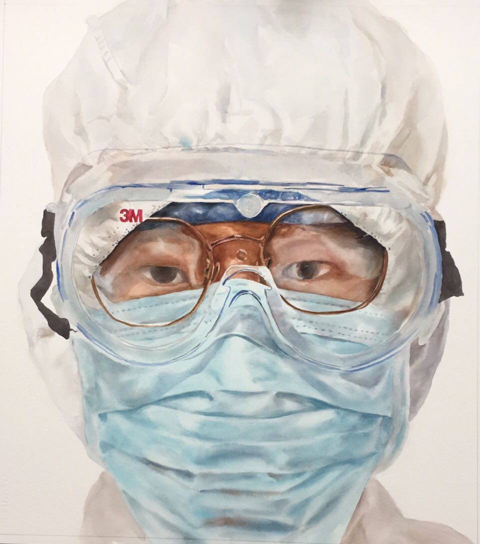 《共鸣》,水彩画,尺寸38×54cm,作品描绘的是两个医务人员的隔屏对白